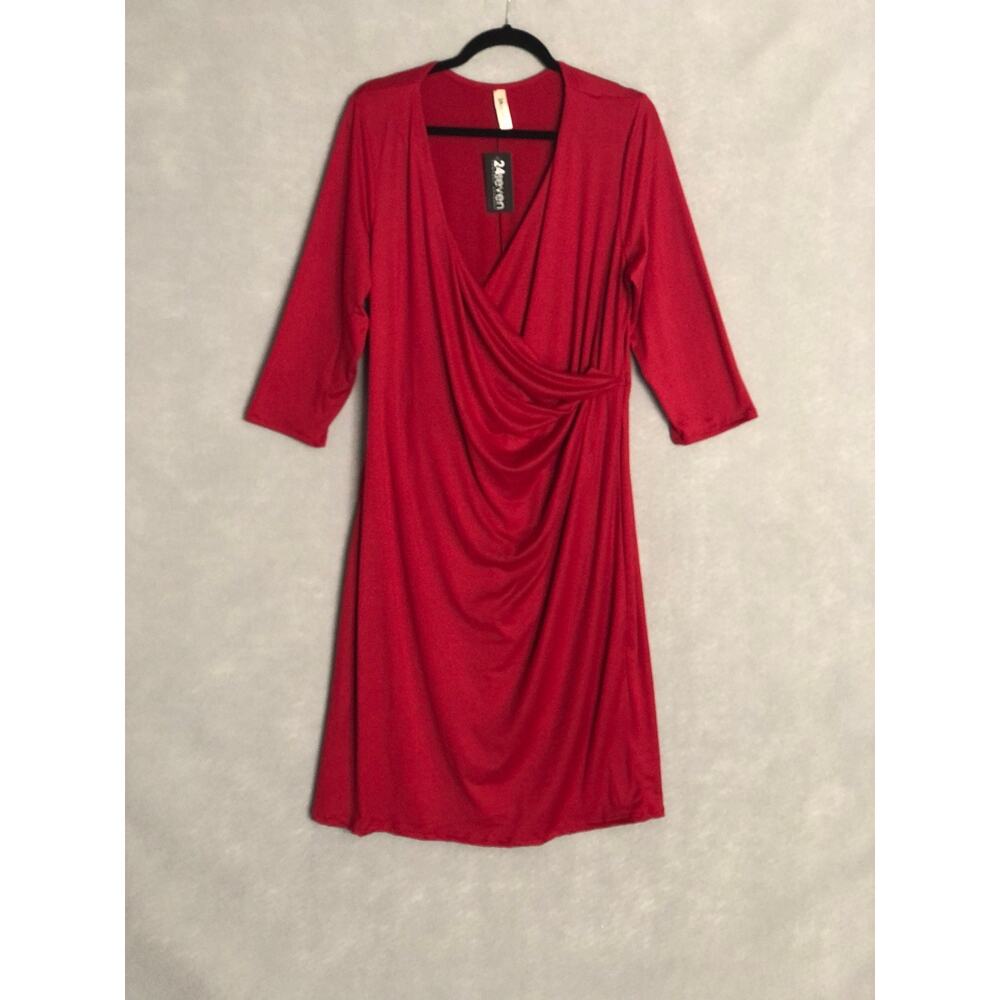 24seven Faux Wrap Dress Stretch Red Women's 1X NEW